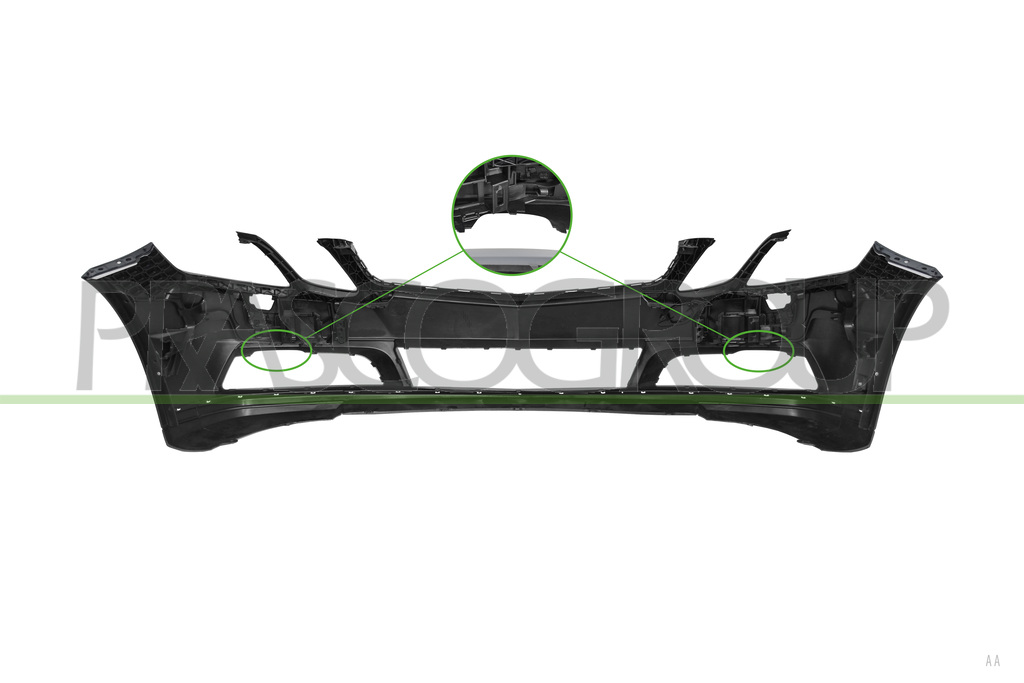 FRONT BUMPER-PRIMED-WITH TOW HOOK COVER-WITH HEADLAMP WASHER HOLES-WITH CUTTING MARKS FOR PDC AND PARK ASSIST-WITH DAY RUNNING LIGHT HOLES